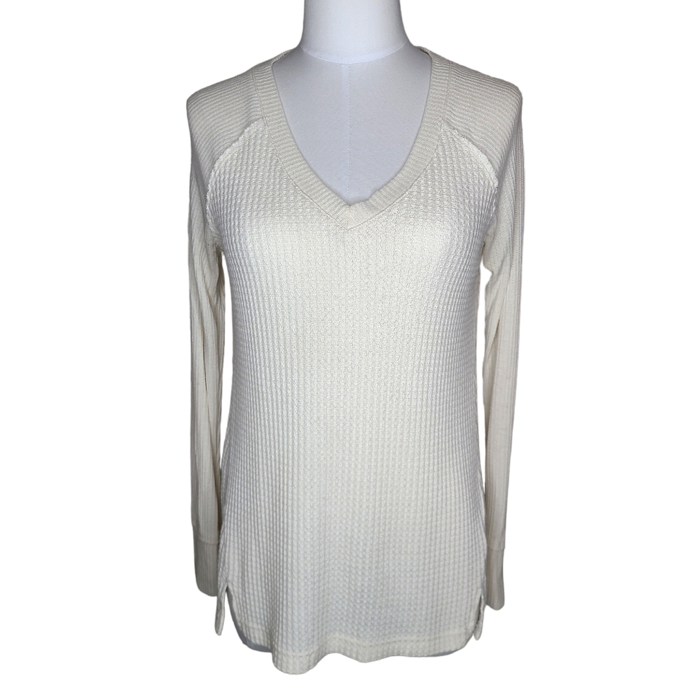 Anthro Maeve Pearson Waffle Ribbed Knit Thermal Ivory Cream White Top XS
